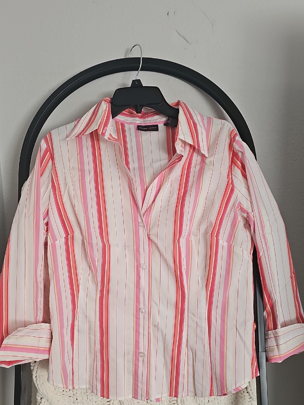 New York & Company Pink and Coral Striped Button-Up Shirt